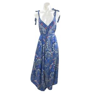 Advance Blue Silk Floral Paisley V Neck Tie Sleeveless A Line Maxi Dress Sz L/XL